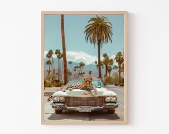 Leopard Poster, California Wall Art, Leopard Retro Car Palm Springs, Mid Century Modern, Art Print