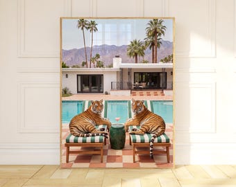 Tiger Wall Art, Poolside Lounge Print, Palm Springs Decor
