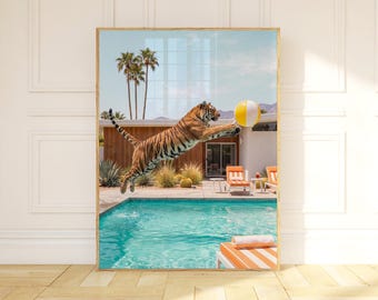 Tiger Wall Art, Palm Springs Pool Print, MCM Wall Art, Retro Swimming Pool Poster, Mid Century Modern Decor