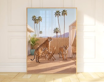 Tiger Wall Art, MCM Wall Art Print with Two Tigers, Palm Springs Patio Decor, Mid Century Modern California Desert Art