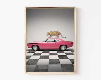 Leopard on Pink Muscle Car Art Print, Palm Springs Retro Wall Decor