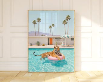 Tiger Pool Float Art Print, Palm Springs Summer Wall Decor
