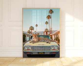 Lámina artística de leopardo y coche retro: Decoración de pared del desierto de California