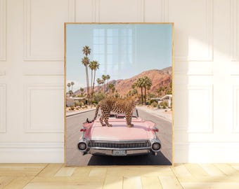 Leopard on Pink Car Poster, Palm Springs Desert Wall Art