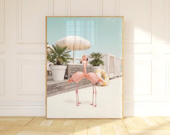 Flamingo Wall Art, Pastel Tropical Bird Print, Coastal Cabana Decor