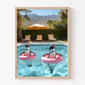 Póster de pingüinos, arte mural, pingüinos nadando en una piscina en Palm Desert, impresión artística