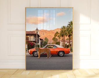Tiger Wall Art, Orange Classic Car Print, Palm Desert Poster, Mid Century Modern California Desert Art