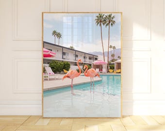 Flamingo Wall Art, Palm Springs Pool Print, Retro Poolside Poster, Mid Century Modern California Decor