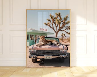 Leopard on Classic Car Art Print: California Mid Century Modern Poster