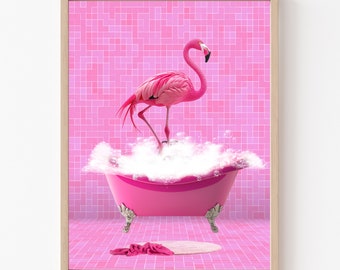 Pink Flamingo in Bathtub Art Print: Semi-Glossy Paper Poster