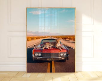 Leopard Wall Art, Red Classic Car Print, California Desert Decor