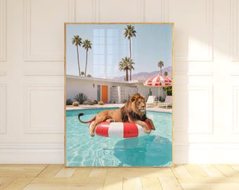 Lion Wall Art, Mid Century Modern Pool Print, Palm Springs Art