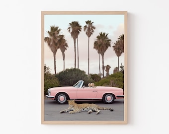 Leopard Art Print: Retro Pink Car Palm Springs Home Decor