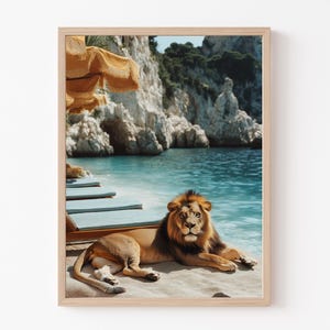 Lion Poster, Coast Wall Art, Lion in California, Mid Century Modern, Art Print