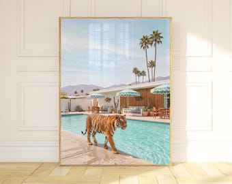 Tiger Wall Art Print, Palm Springs Poolside Poster, Mid Century Modern California Desert Art