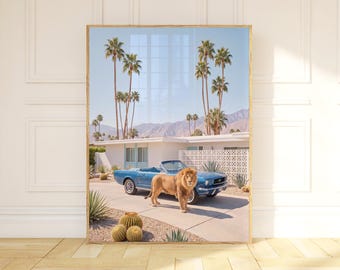 Mid Century Modern Wall Art, Palm Springs Desert Wall Art, Lion & Vintage Car Poster, California Retro Print
