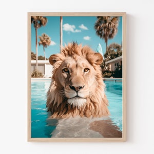 Lion in the Swimming Pool, Mid-Century Modern, Art Print