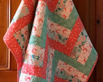 Rail Fence Baby Quilt in Pink and Green