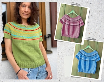 INSTRUCCIONES PARA TEJER "Elige tus colores" - camisa con canesú redondo - suéter - jumper - top de punto - sin costuras - desde arriba - 8 tallas