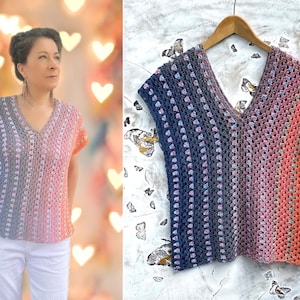 CROCHET PATTERN &quot;Summer Of Love V-Neck Shirt&quot; - Summer Top - Granny - Hippie - Boho - easy - one piece - Instant Download PDF