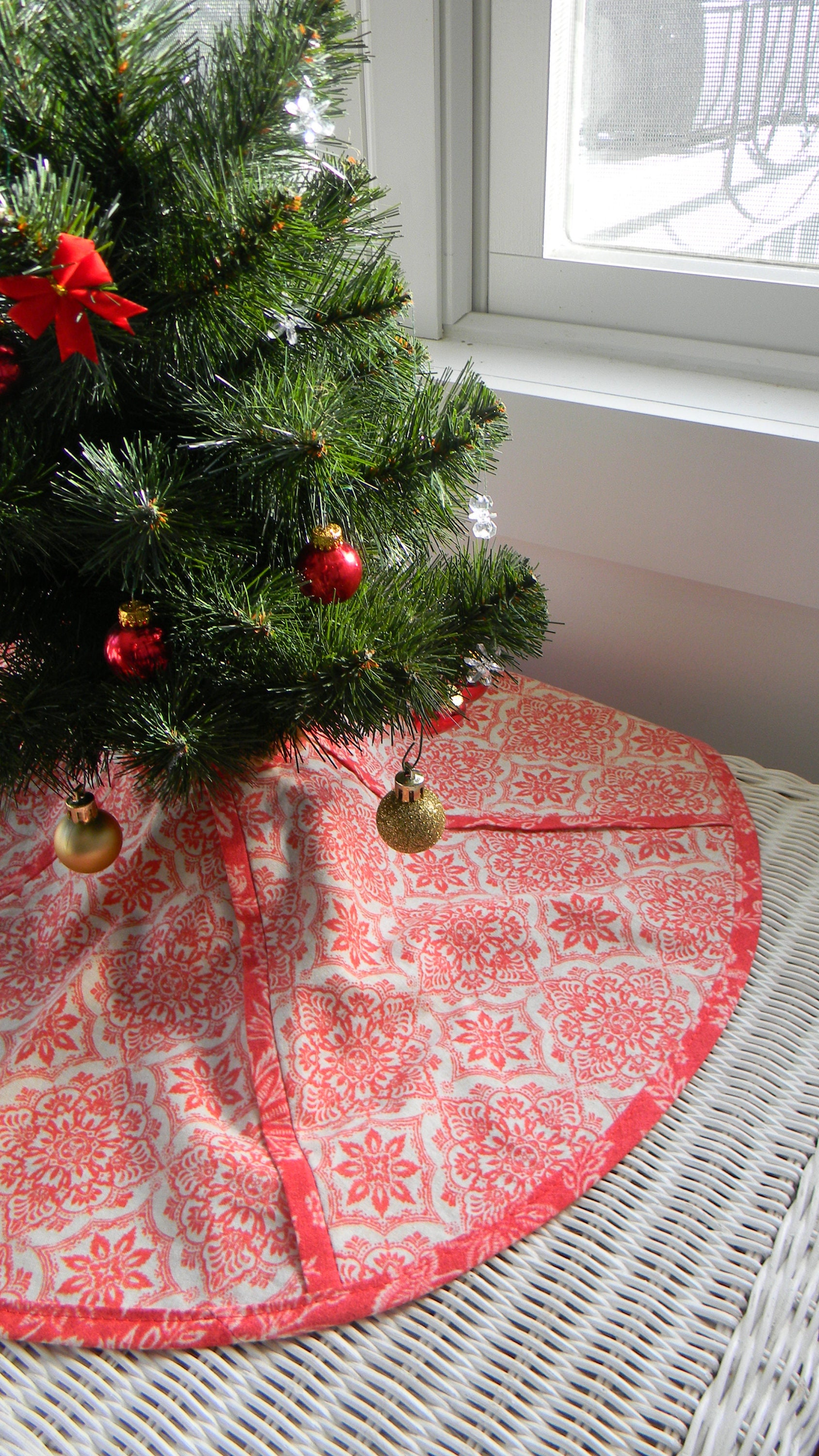 Tabletop Christmas Tree Skirt 24 Handmade Coral Red Etsy