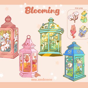 Peut inclure: Illustration de quatre lanternes d&eacute;coratives roses, bleues et vertes, chacune avec des motifs floraux et animaliers &agrave; l'int&eacute;rieur. Le mot "Blooming" est &eacute;crit dans une police stylis&eacute;e. Sont &eacute;galement pr&eacute;sent&eacute;es des mini-&eacute;pingles avec des motifs similaires.