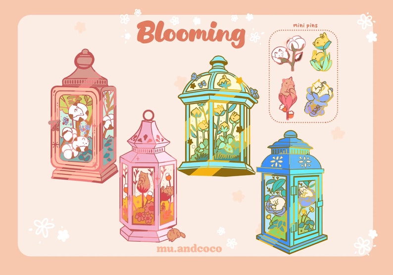 Peut inclure: Illustration de quatre lanternes d&eacute;coratives roses, bleues et vertes, chacune avec des motifs floraux et animaliers &agrave; l'int&eacute;rieur. Le mot "Blooming" est &eacute;crit dans une police stylis&eacute;e. Sont &eacute;galement pr&eacute;sent&eacute;es des mini-&eacute;pingles avec des motifs similaires.