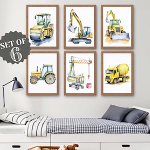 Set of 6 Construction Machines, Kids Construction Truck Prints, Truck Playroom Theme, Kids Art, Boy Room Decor, Playroom Decor, Kids Room
