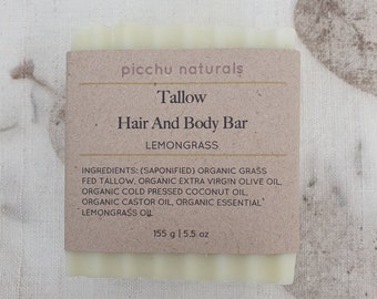 Tallow soap van grasgevoerde runderen en biologische olie voor haar, gezicht en lichaam , met lemongrass olie. 155g-170g
