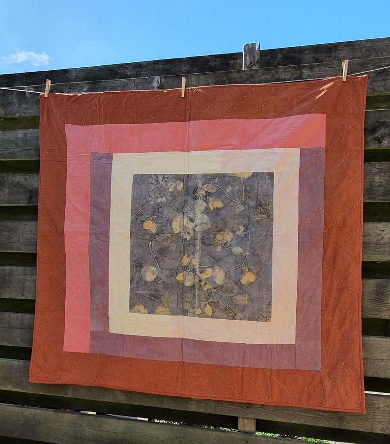 Quilt, naturally dyed, eco printed, handmade, sashiko, sustainable, baby quilt image 1