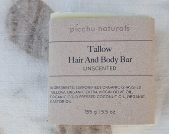 Jabón de sebo, barra para el cabello y el cuerpo 100 % orgánico, totalmente orgánico, natural y sin perfume, 155 g-170 g