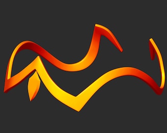 May include: Abstract design with a wavy, flowing shape. The shape is made of a 3D, orange and yellow, metallic material.