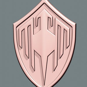 May include: A pink shield with a stylized design in the center. The shield has a glossy finish and a three-dimensional appearance.