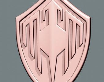 Puede incluir: Un escudo rosa con un diseño estilizado en el centro. El escudo tiene un acabado brillante y una apariencia tridimensional.