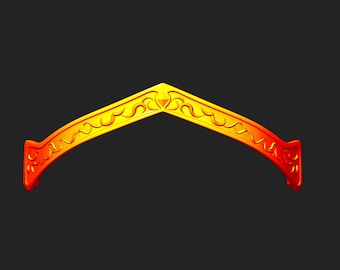 May include: A gold crown with an intricate design of flames and swirls. The crown is arched and has a pointed top.