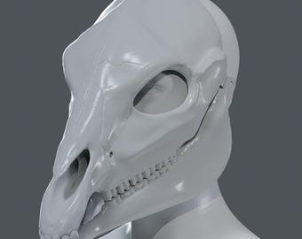 May include: A light gray, stylized skull mask, resembling a horse or similar animal. The mask features detailed bone structure, including eye sockets, teeth, and nasal passages. The mask is designed to fit over the face and head.