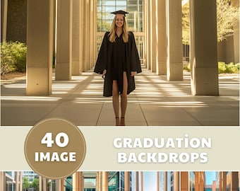 May include: A graduate in a black gown and mortarboard stands in a sunlit corridor with concrete pillars. The image includes text that reads "40 IMAGE GRADUATION BACKDROPS" in a circular and rectangular design.