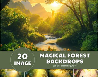 Enchanted Forest Backdrops for Photography – Magical Digital Portraits Backgrounds, Magic Woodland, Lush Green Tree & Floral Backdrops