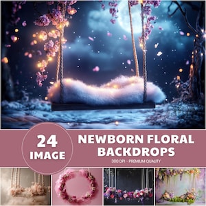 Newborn Floral Swing Studio digital background, pink blossoms, tree, flowers, newborn photoshop composite, newborn, toddler, soft pink tones