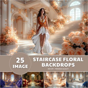 25 Floral Staircase Backdrop, Digital Backdrop Black Stairs Maternity Portrait Background, Staircase Wedding Digital Background