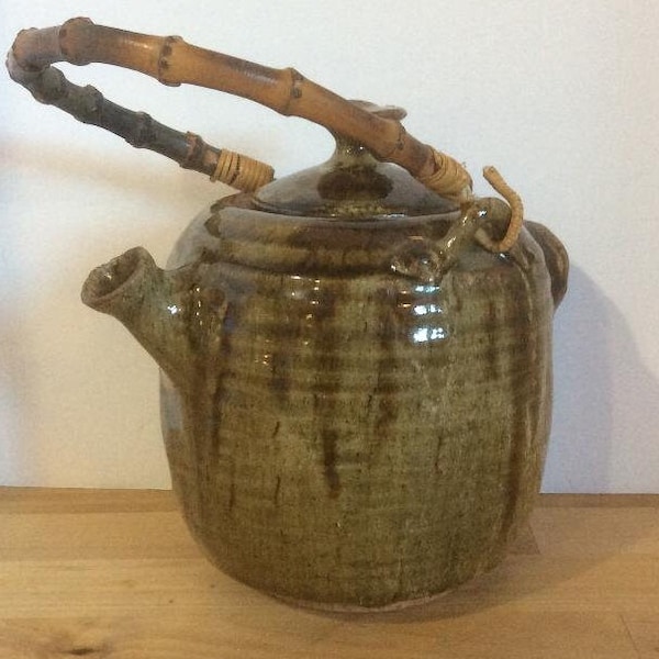 Studio Pottery Teapot. Earthy Colors of Green and Brown Drip Glaze. Bamboo Handle. Stoneware Pottery.