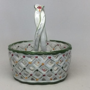 Reticulated Ceramic Portugal Basket. Flowers and Hearts. Green and White.