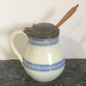 Blue and White Pottery Mustard Jar. Pewter cover, Flip Lid.  Wooden Spoon.