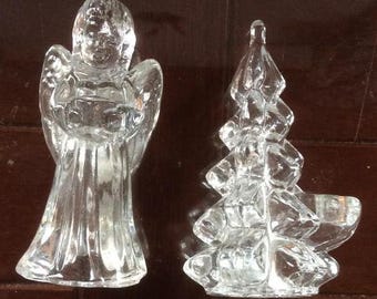 Glass Angel and Tree Candle Holders. Vintage 4 inch Holiday Candle Holders. Set or 2.