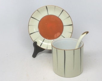 Noritake Saucenkelle, Schöpfkelle und Untertasse. Goldrand, Luster Orange Center Gestreiftes Muster.