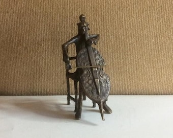 Vintage Cast Bronze Cellist Sculpture. Cello Player. Industrial Era. Abstract Style. Patina.