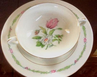 Vintage Haviland Limoge Garten Blumen Suppenschüssel und Unterteller/Sandwichteller. 2er-Set.