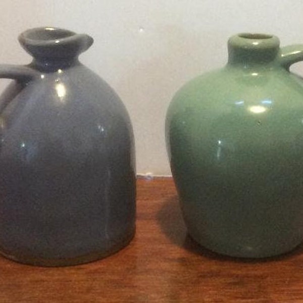 Vintage Set of Two Pottery Vases. Jade Green and Blue. Decorative.
