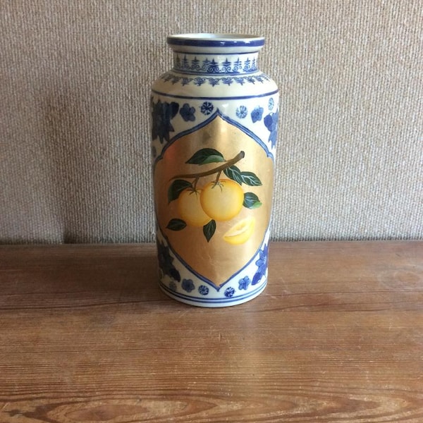 Vintage French Vase. Blue and White Floral pattern. Fruit motif. 10in.