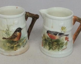 Royal Worcester Vintage Bird Barrel Pitchers. Bull Finch and Stonechat Birds.